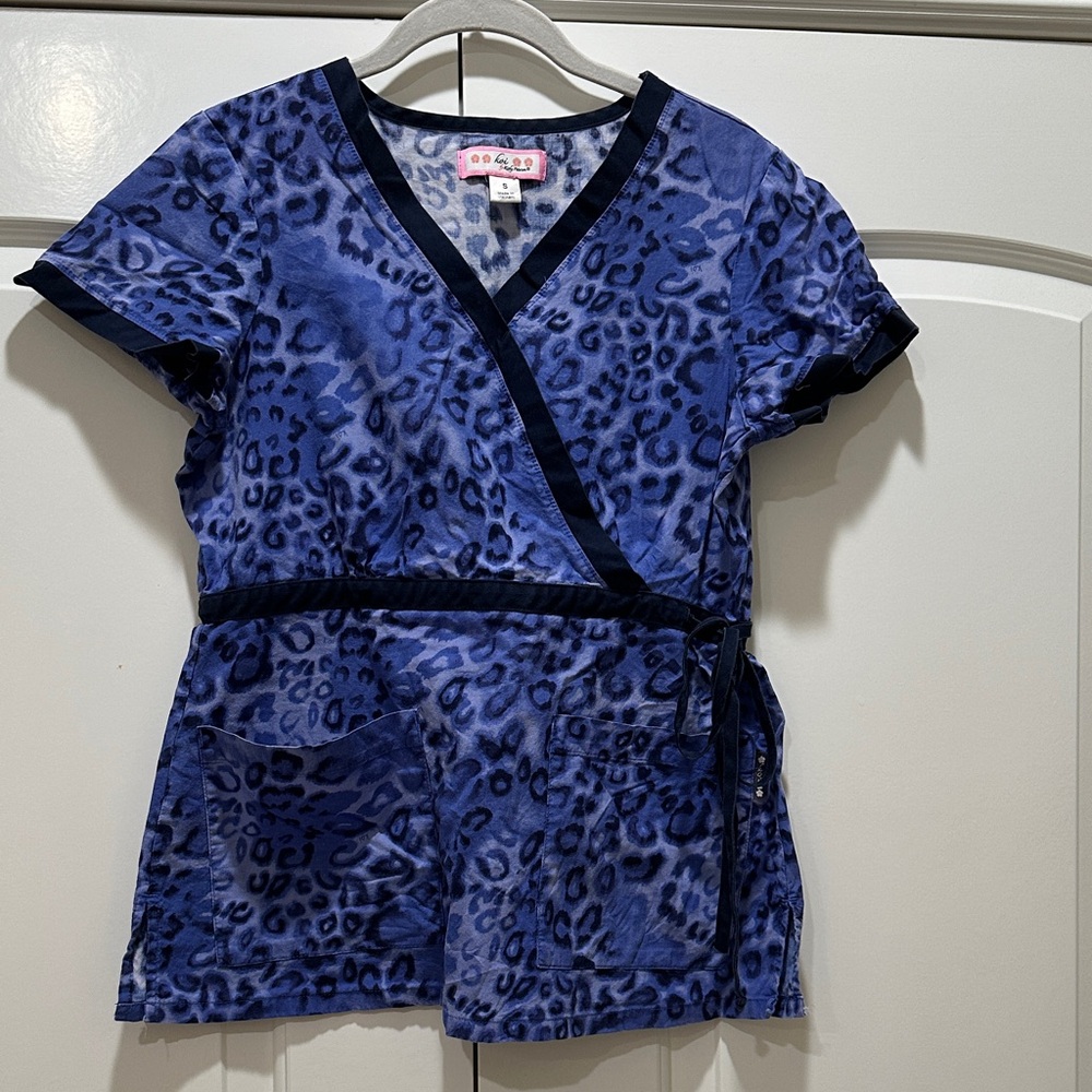 koi Women's Blue Leopard Print Wrap Scrub Top